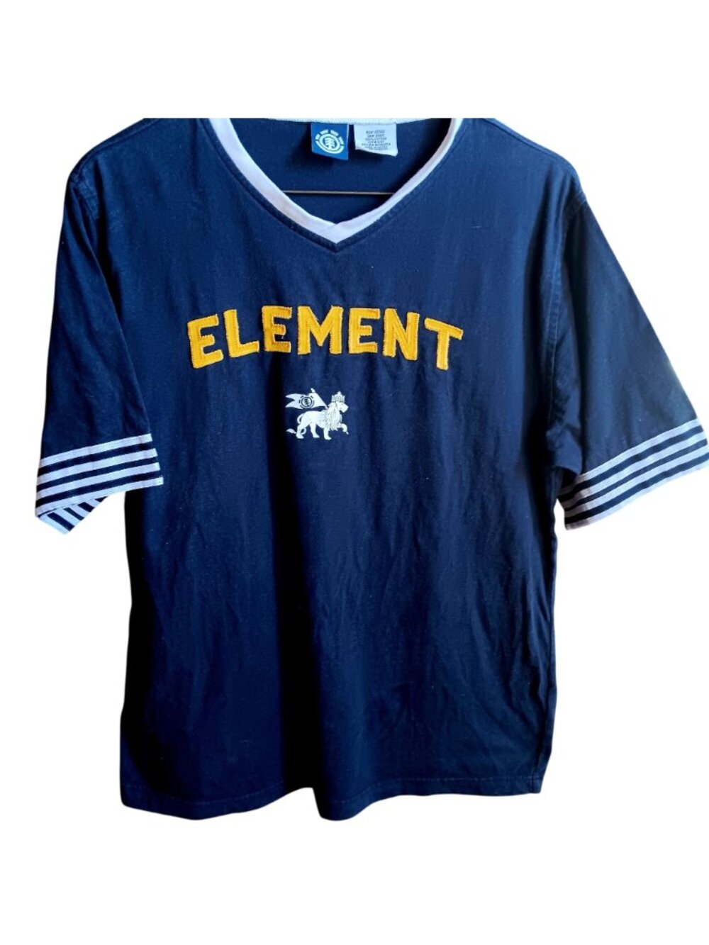 Vintage Y2k T-shirt Large Element V-Neck Yellow Logo Stitched Ringer Y2K